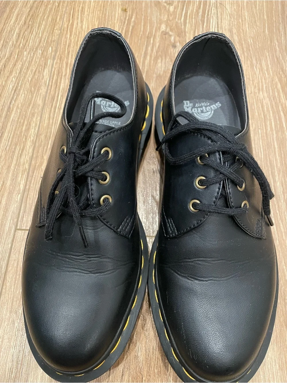Dr. Martens Black Leather Lace-Up Oxfords with Yellow Stitching